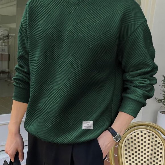 Men Men's Crewneck Sweat Soild Color Geometric Texture Long Sleeve Casual‎ Shirt - Picture 1 of 5